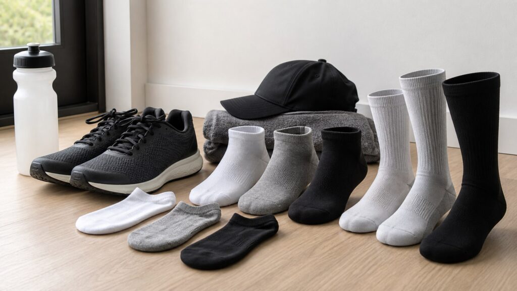 athletic socks for running workouts arranged in a practical buyer guide scene