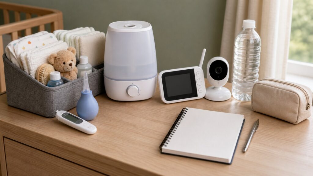 generic baby health devices with thermometer, nasal aspirator, humidifier, blank baby monitor, storage basket, and notebook