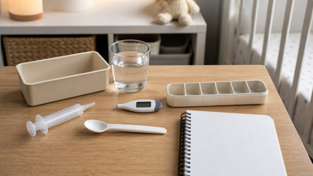 generic baby health devices with thermometer, nasal aspirator, humidifier, blank baby monitor, storage basket, and notebook