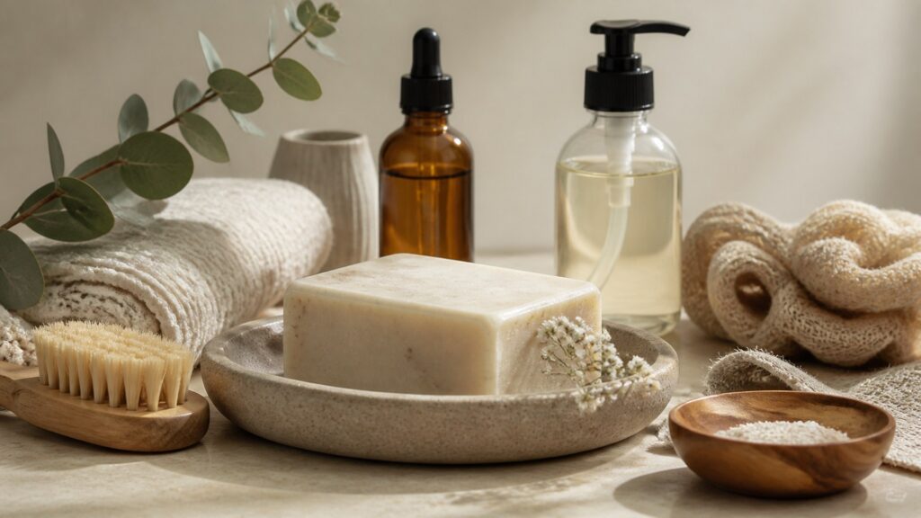 Unbranded bar soap arranged for a ingredient label reviews buying guide