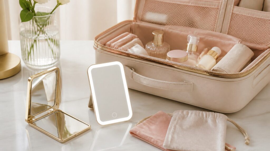 Unbranded editorial arrangement for beauty mirrors for travel bags