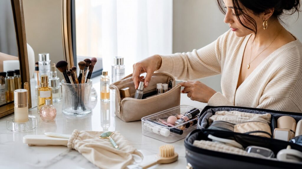 unbranded beauty tools & accessories arranged for travel