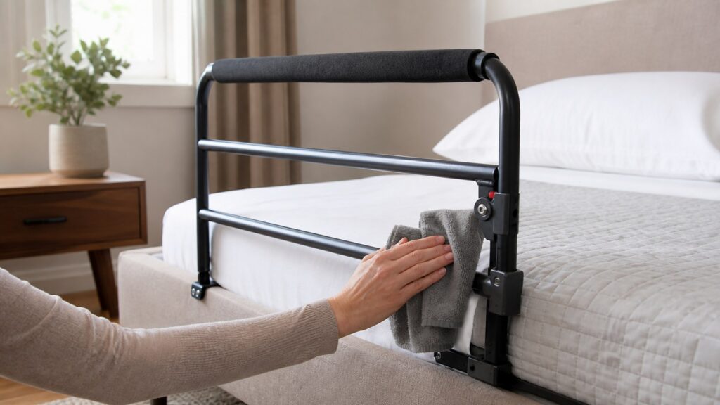 Unbranded bed rails arranged to compare release-lever access and bed-frame compatibility