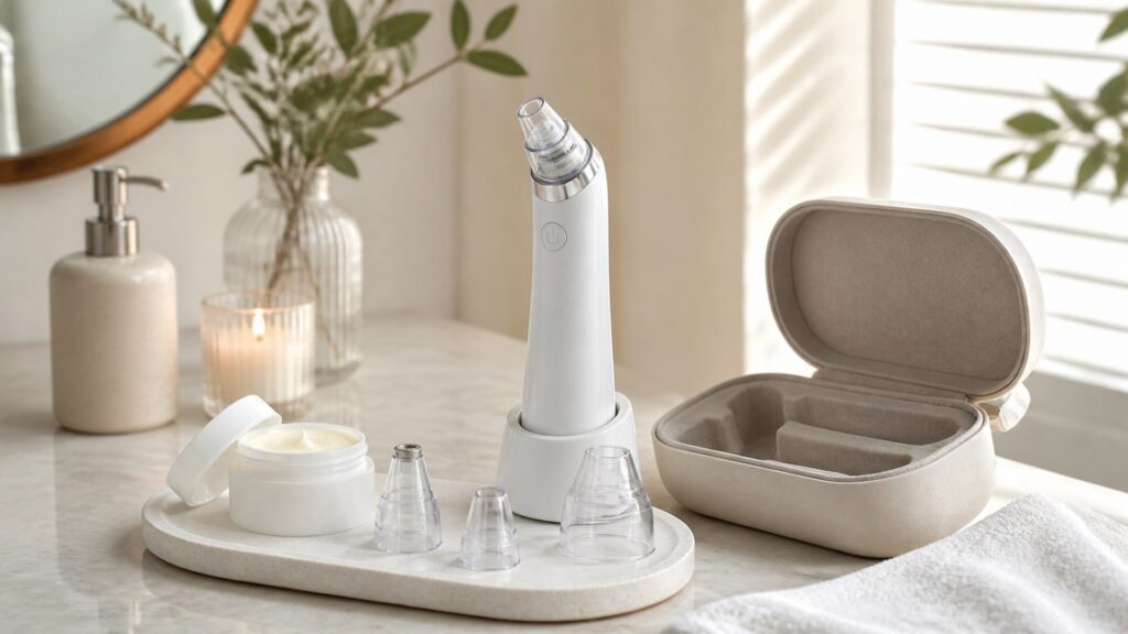 Unbranded blackhead removal devices arranged for a charging, cleaning, and storage buying guide