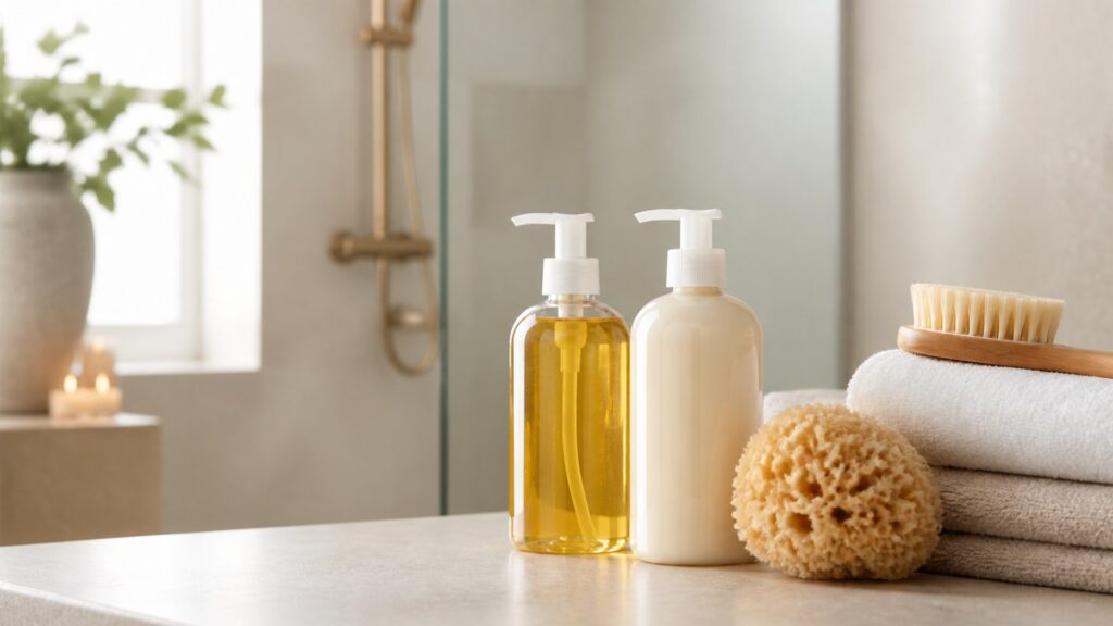 Unbranded editorial arrangement for body cleanser for at-home spa days