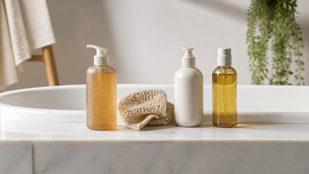 Unbranded editorial arrangement for body cleanser for body care routines