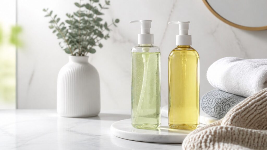 Unbranded editorial arrangement for body cleanser for seasonal skin changes