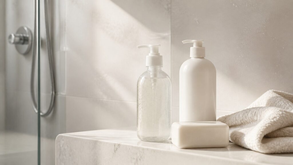 Unbranded editorial arrangement for body cleanser for sensitive skin