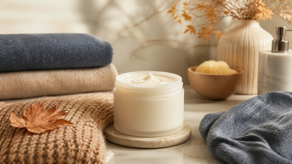 Unbranded body cream arranged for a seasonal body care buying guide