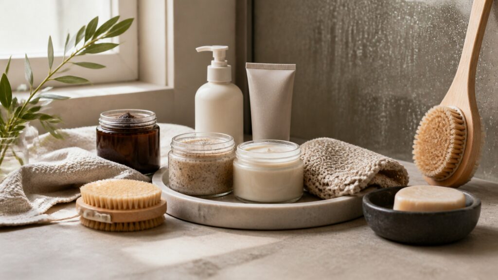 Unbranded body exfoliating treatments arranged for a body treatments routine building buying guide
