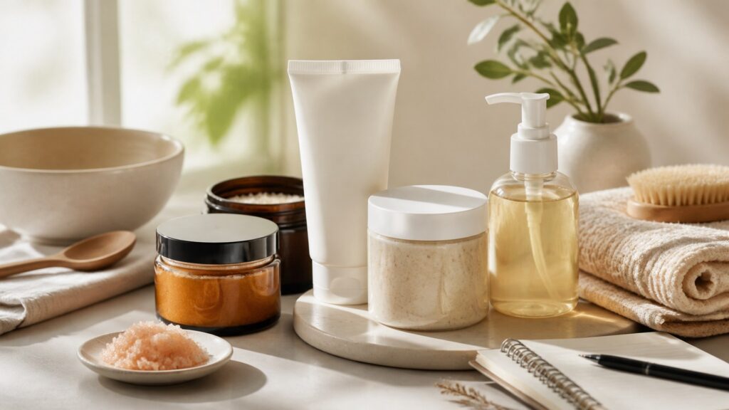 Unbranded body exfoliating treatments arranged for a ingredient label reviews buying guide