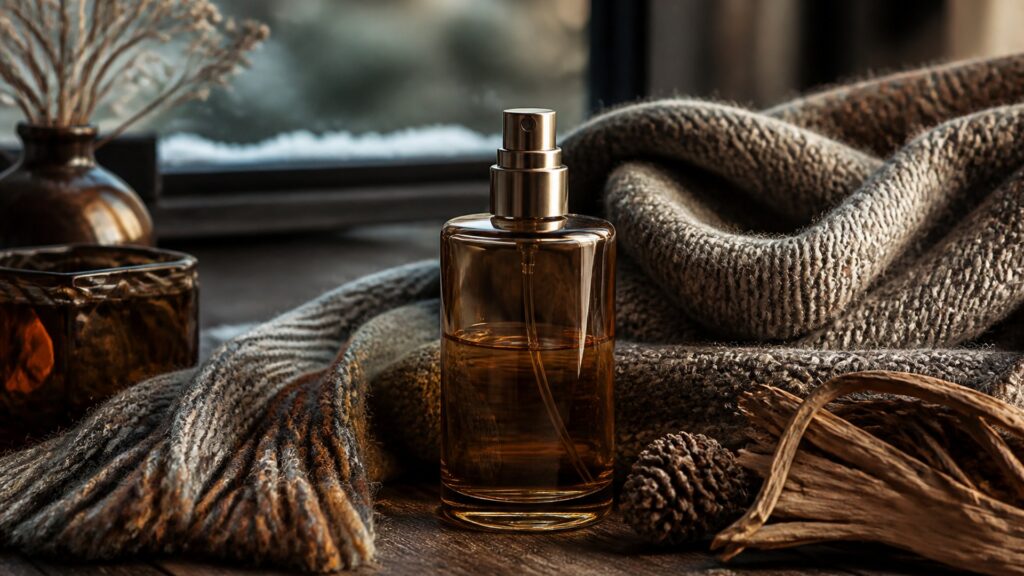 Unbranded editorial arrangement illustrating How to Choose Body Fragrance for Cold Weather