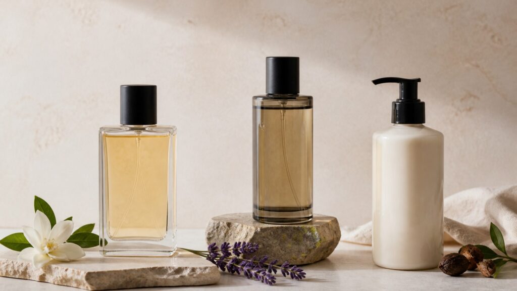 Unbranded editorial arrangement illustrating How to Choose Body Fragrance for Layering Scents