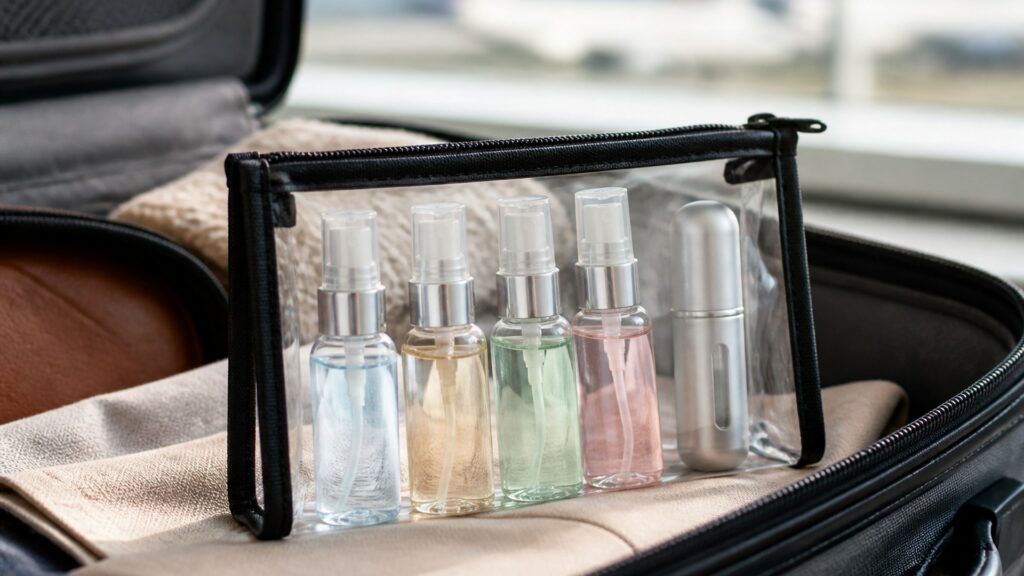 Unbranded editorial arrangement illustrating How to Choose Body Fragrance for Travel Sizes