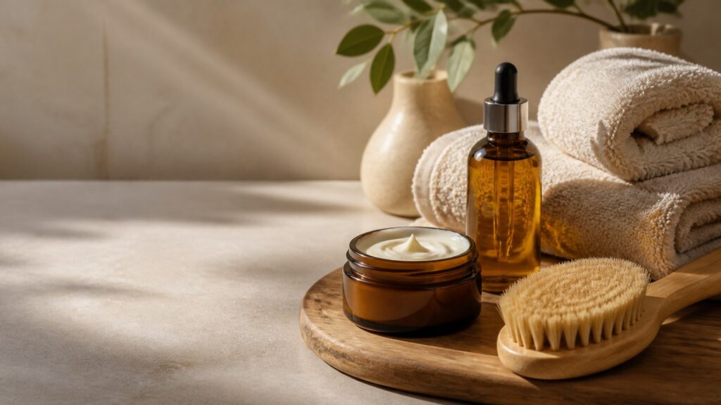 Unbranded editorial arrangement for body moisturizer for at-home spa days