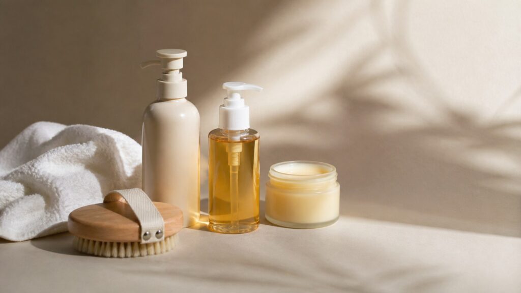 Unbranded editorial arrangement for body moisturizer for body care routines