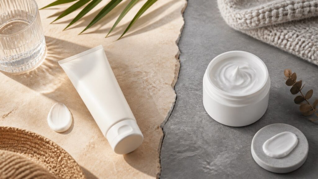 Unbranded editorial arrangement for body moisturizer for seasonal skin changes