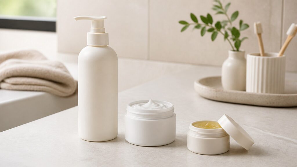 Unbranded editorial arrangement for body moisturizer for sensitive skin