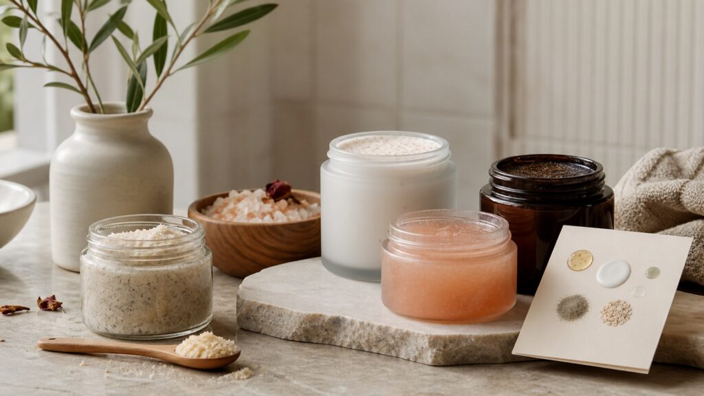 Unbranded body scrubs arranged for a ingredient label reviews buying guide