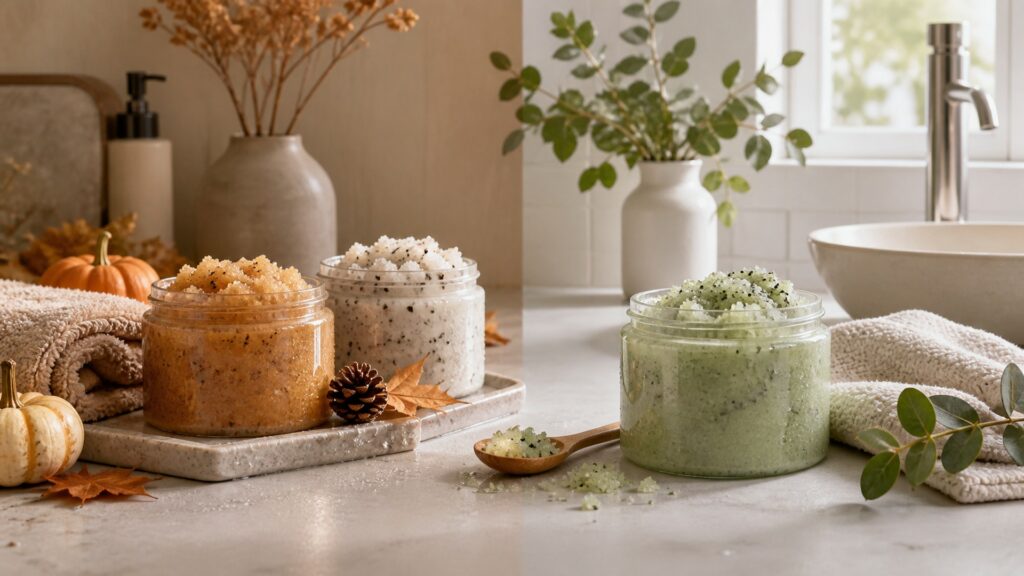 Unbranded body scrubs arranged for a seasonal body care buying guide