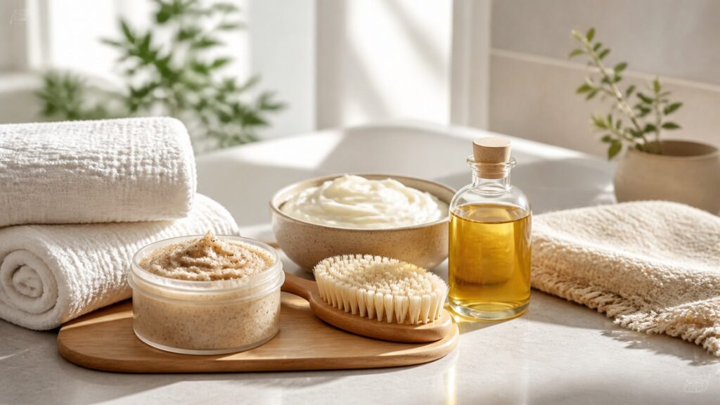 Unbranded editorial arrangement for body treatment for at-home spa days