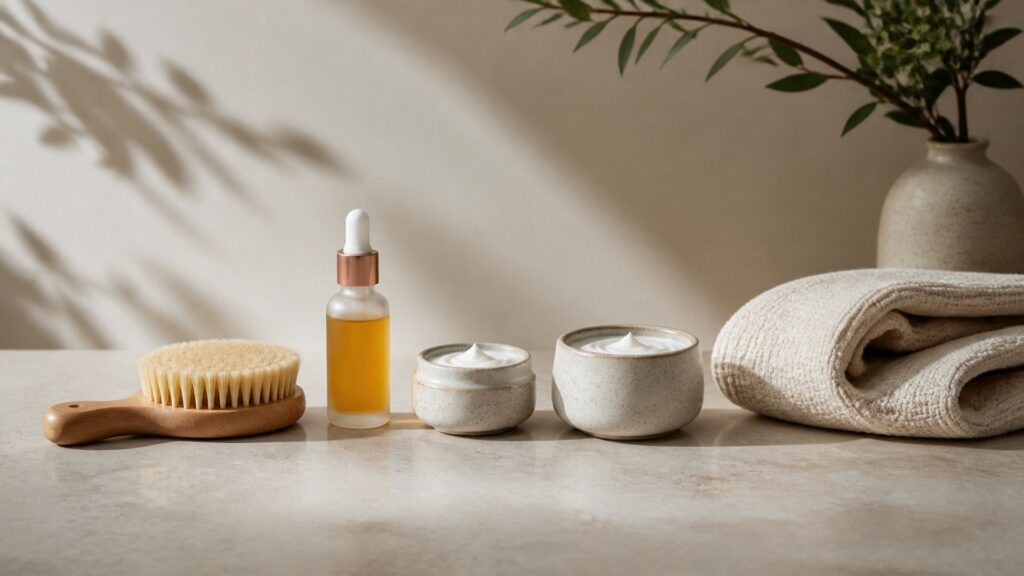 Unbranded editorial arrangement for body treatment for body care routines