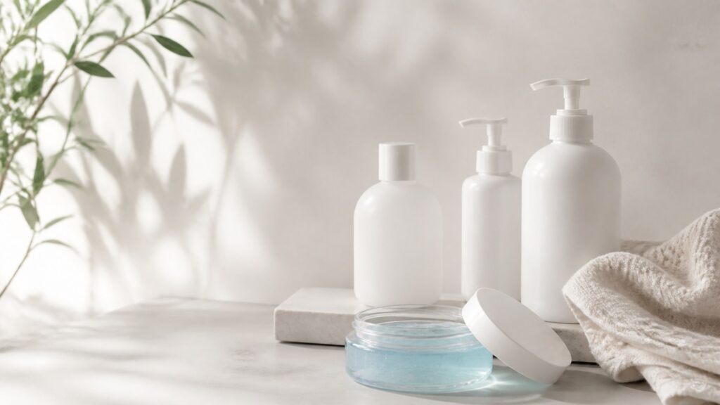 Unbranded editorial arrangement for body treatment for sensitive skin