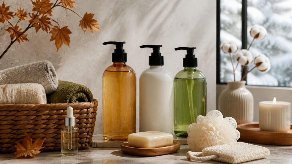 Unbranded body wash arranged for a seasonal body care buying guide