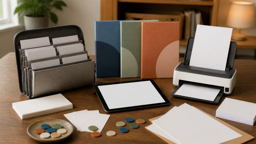 bookkeeper and owner reviewing unbranded receipts, transaction cards, and monthly close checklist for a freelancers buying decision