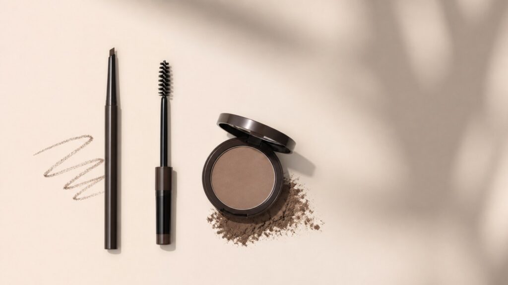Unbranded editorial arrangement illustrating How to Choose Brow Products for Beginner Routines