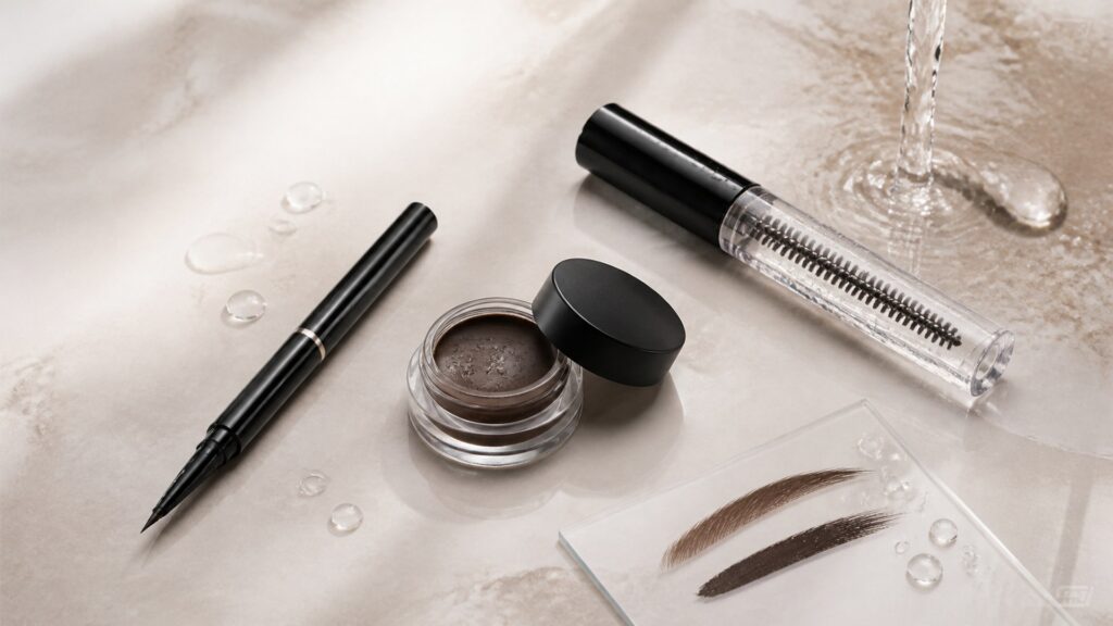 Unbranded editorial arrangement illustrating How to Choose Brow Products for Long-Wear Looks