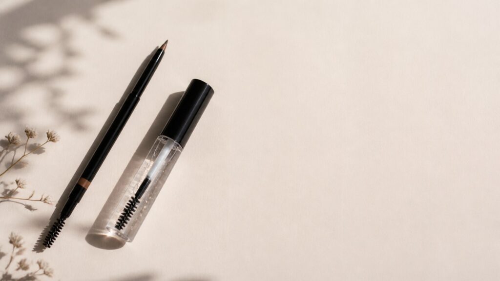 Unbranded editorial arrangement illustrating How to Choose Brow Products for Minimal Makeup