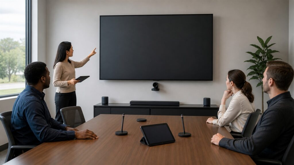 facilities and technology team testing camera microphone and display placement in a conference room