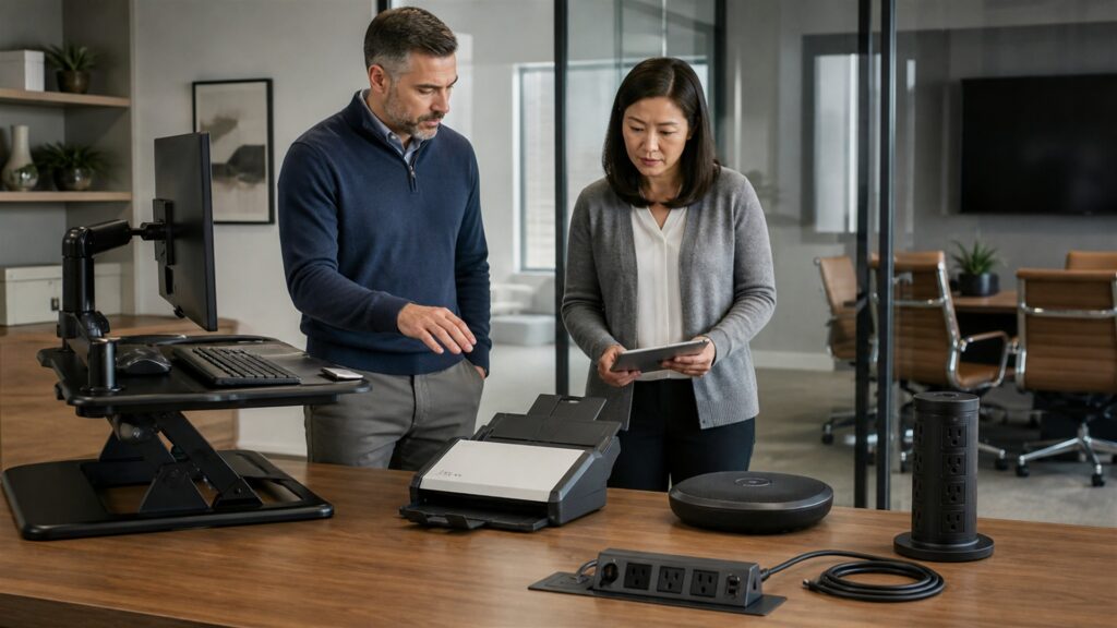 operations staff evaluating unbranded office equipment in a functioning workplace for a professional-office equipment buying decision