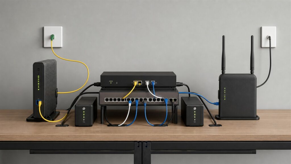 unbranded business internet handoff equipment, network gateway, plain cables, and status lights in a clean communications room for a business continuity buying decision