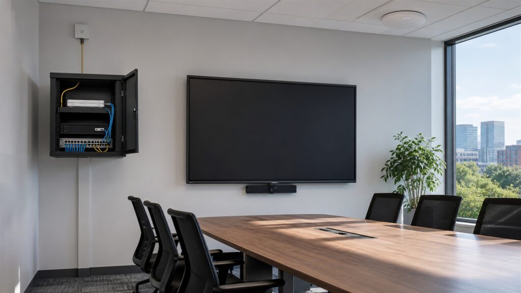 unbranded business internet handoff equipment, network gateway, plain cables, and status lights in a clean communications room for a hybrid teams buying decision