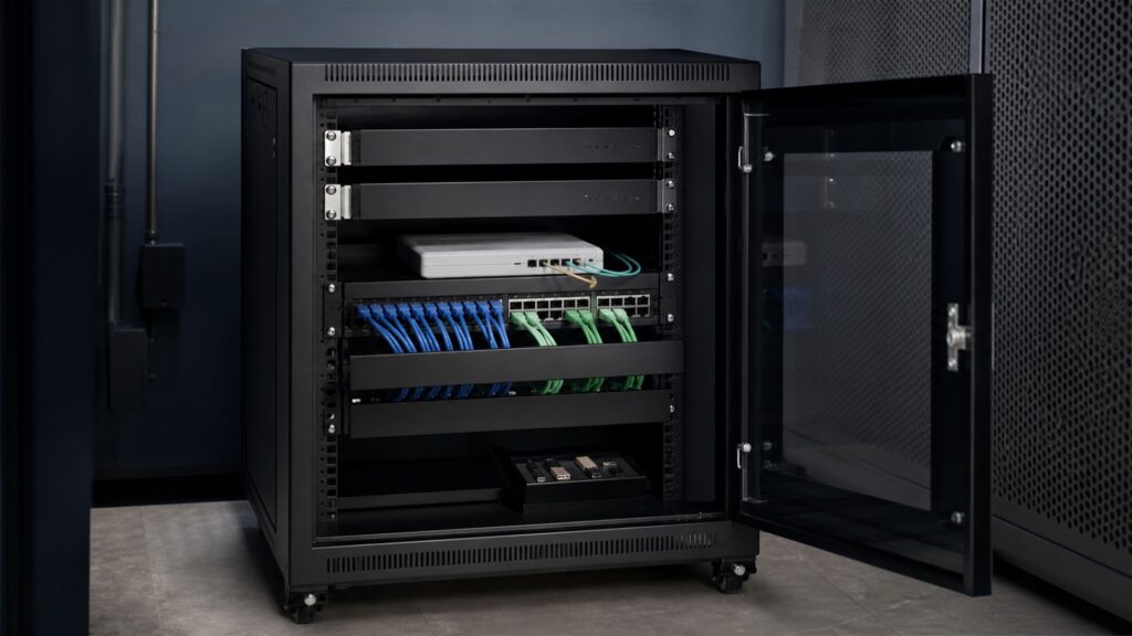 unbranded business internet handoff equipment, network gateway, plain cables, and status lights in a clean communications room for a security controls buying decision