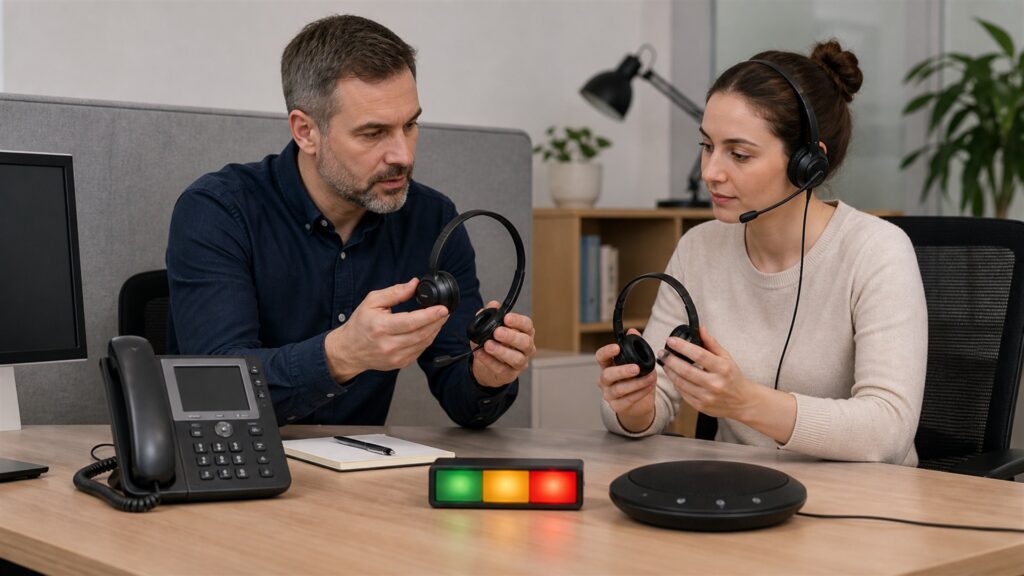communications team testing unbranded desk phones and headsets during a realistic office call for a customer-service calling buying decision