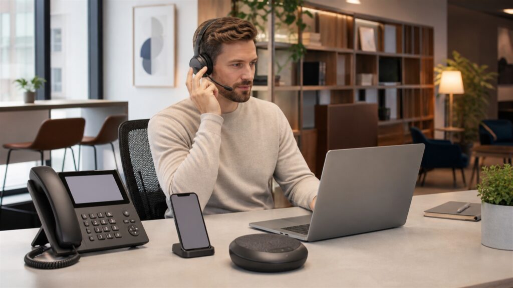 communications team testing unbranded desk phones and headsets during a realistic office call for a hybrid-workforce calling buying decision