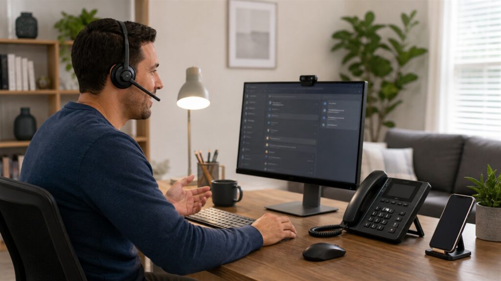 communications team testing unbranded desk phones and headsets during a realistic office call for a remote-team calling buying decision