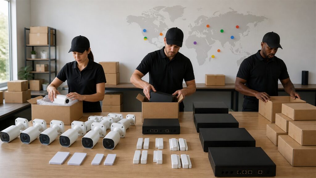 security manager inspecting unbranded cameras access readers and alarm controls at a business site for a multi-location security buying decision