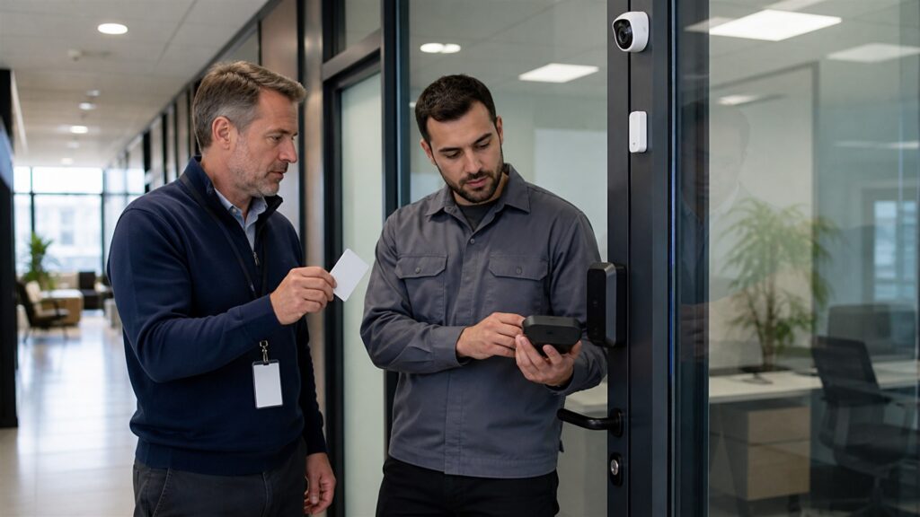 security manager inspecting unbranded cameras access readers and alarm controls at a business site for a office protection buying decision