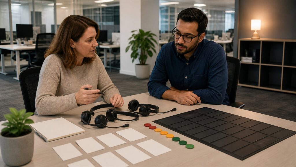 business owner meeting with an unbranded professional service team around a practical project plan for a customer-support outsourcing buying decision