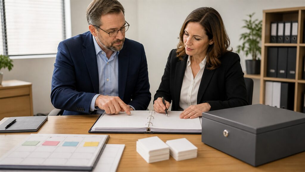business owner meeting with an unbranded professional service team around a practical project plan for a compliance service sourcing buying decision
