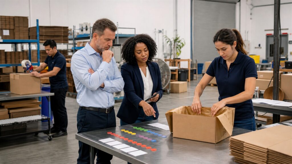 business owner meeting with an unbranded professional service team around a practical project plan for a operational-improvement services buying decision
