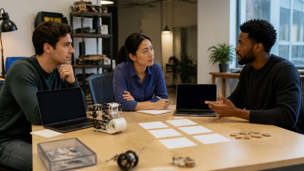 business owner meeting with an unbranded professional service team around a practical project plan for a startup service sourcing buying decision