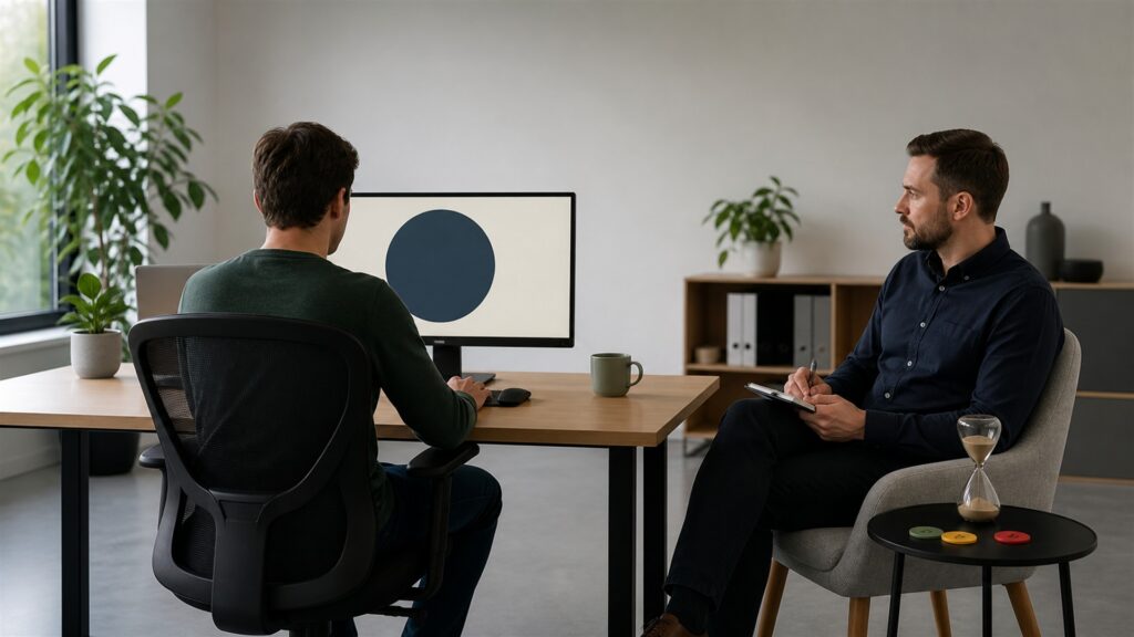 mixed business team evaluating an unbranded software workflow on ordinary office monitors for a productivity software workflows buying decision