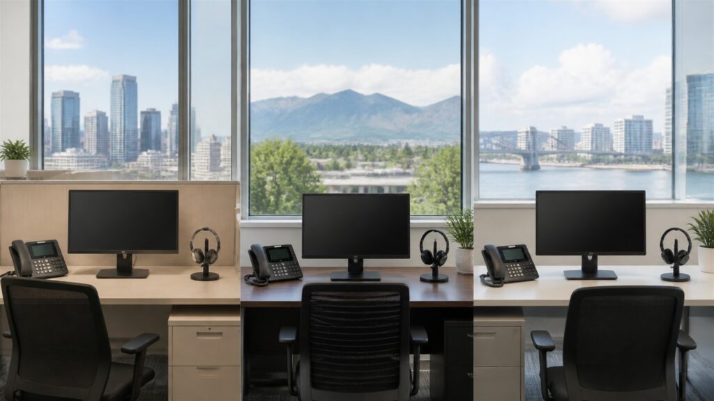 unbranded call center desk phones, headsets, compact network appliance, and blank supervisor screens in a modern support office for a multi-location offices buying decision