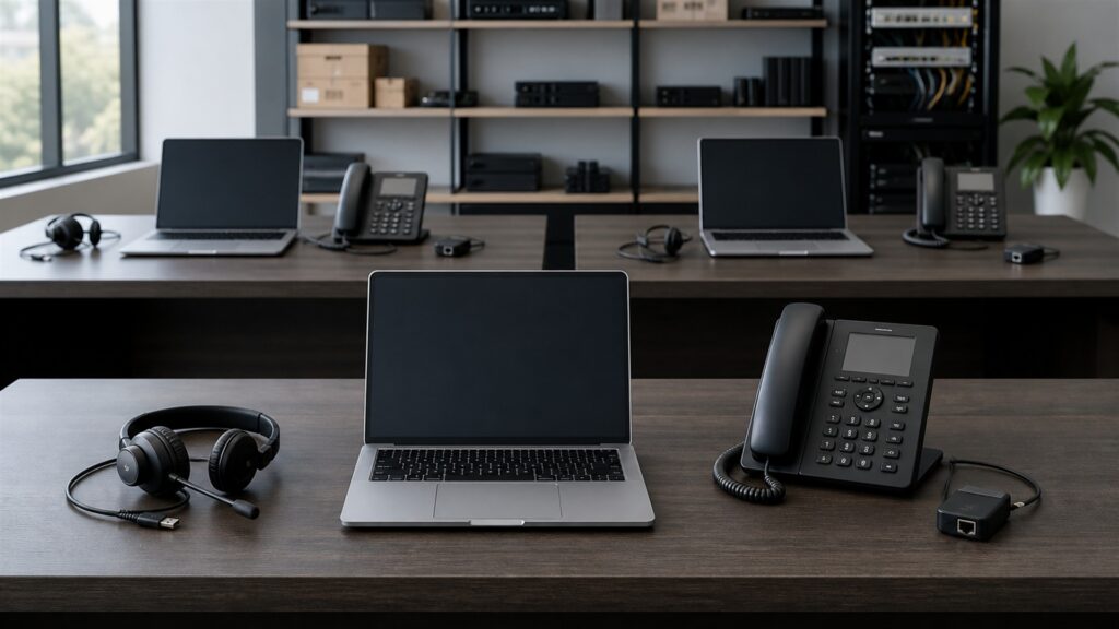 unbranded call center desk phones, headsets, compact network appliance, and blank supervisor screens in a modern support office for a remote teams buying decision