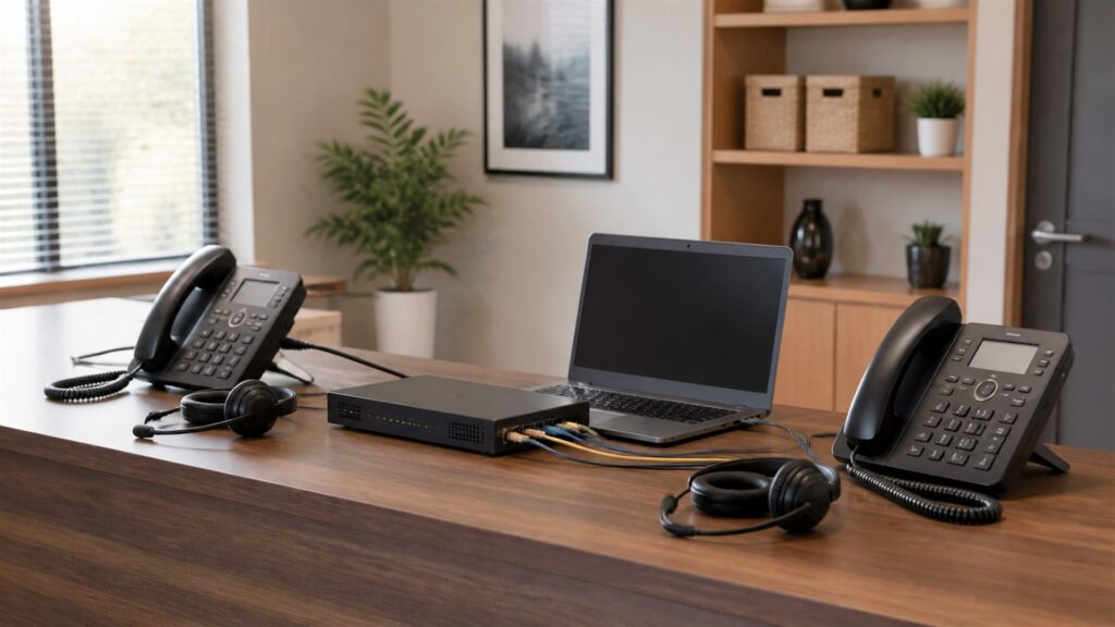 unbranded call center desk phones, headsets, compact network appliance, and blank supervisor screens in a modern support office for a small businesses buying decision